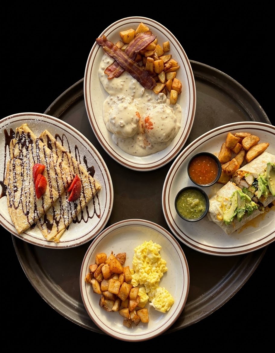 Moab Grill breakfast spread: biscuits and gravy, crepes, breakfast burrito and eggs