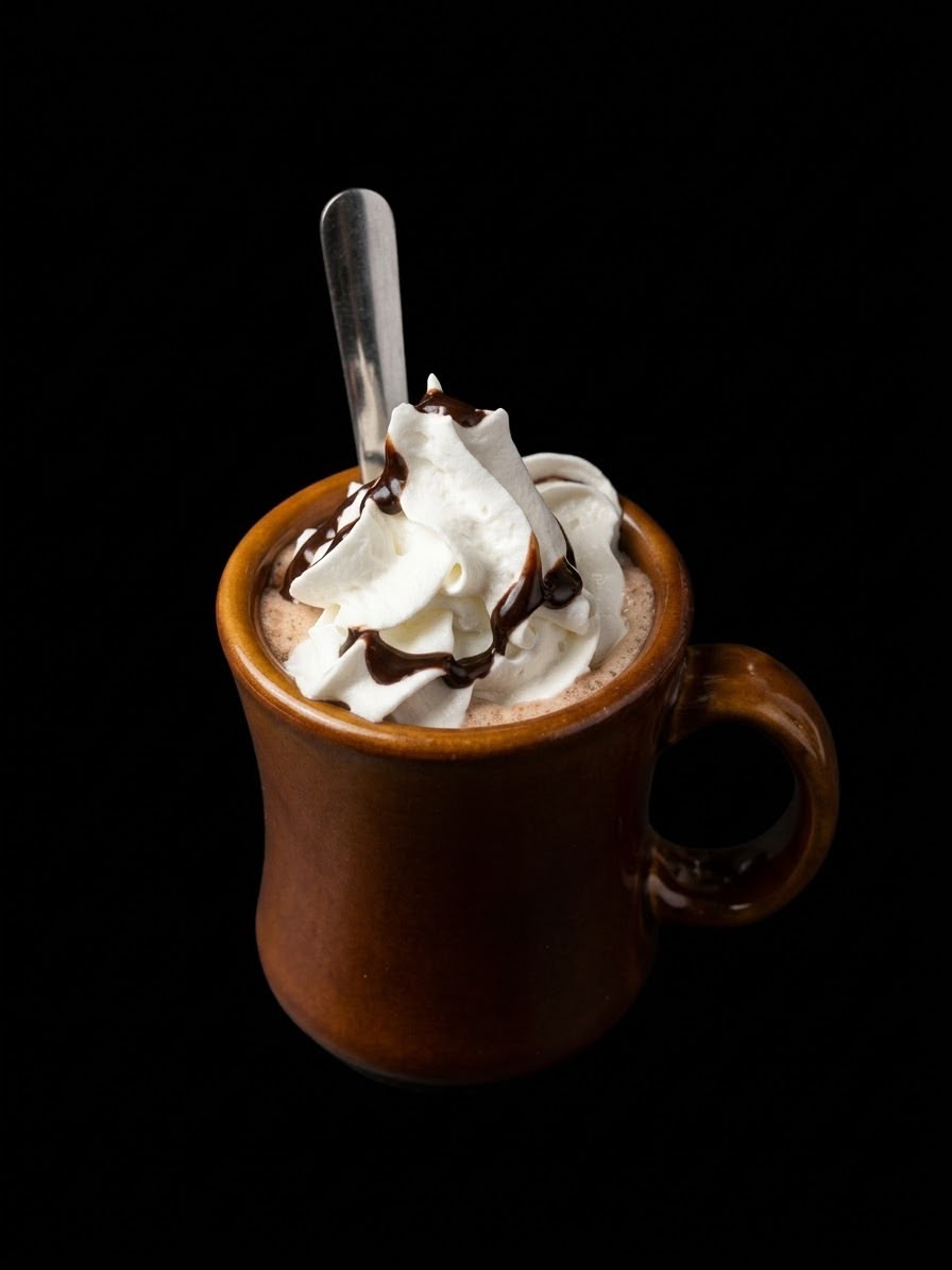 Moab Grill hot chocolate topped with whipped cream and chocolate drizzle
