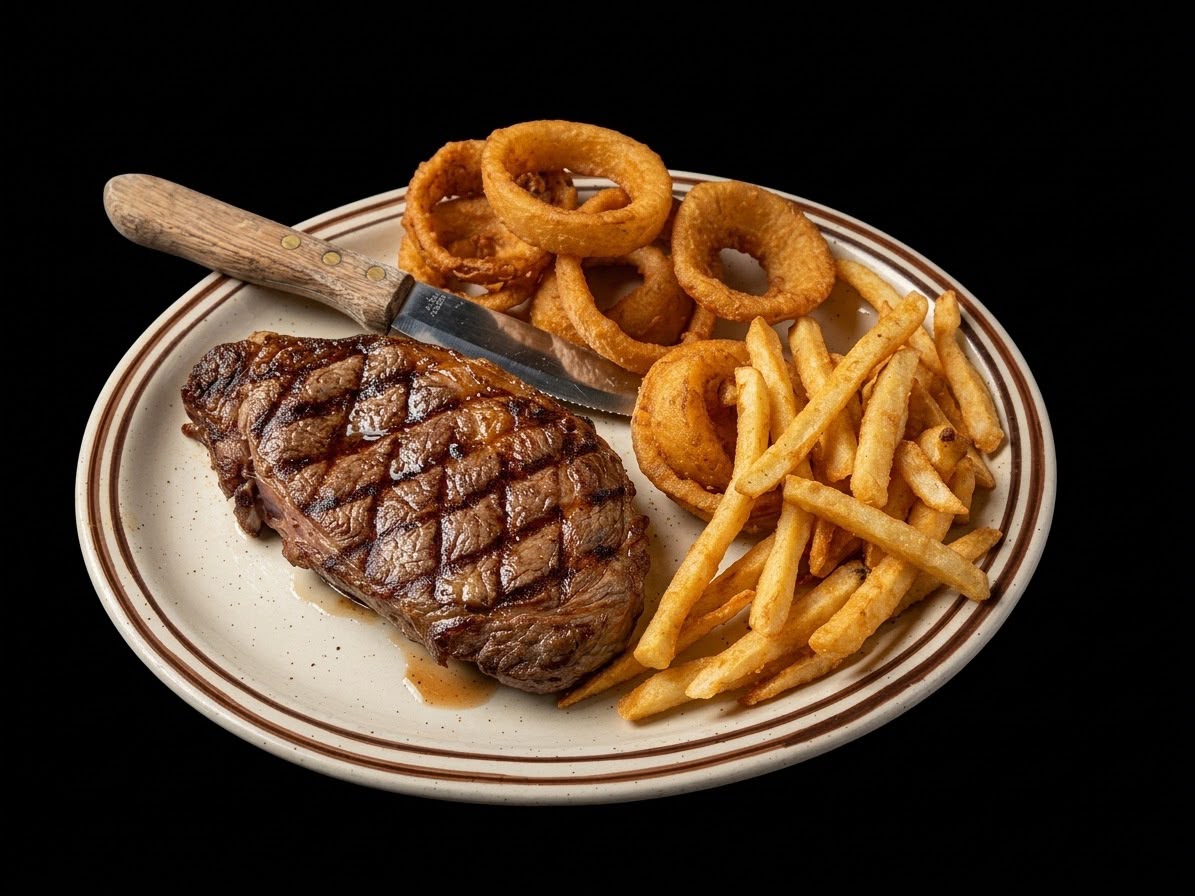 Moab Grill grilled steak with onion rings and fries
